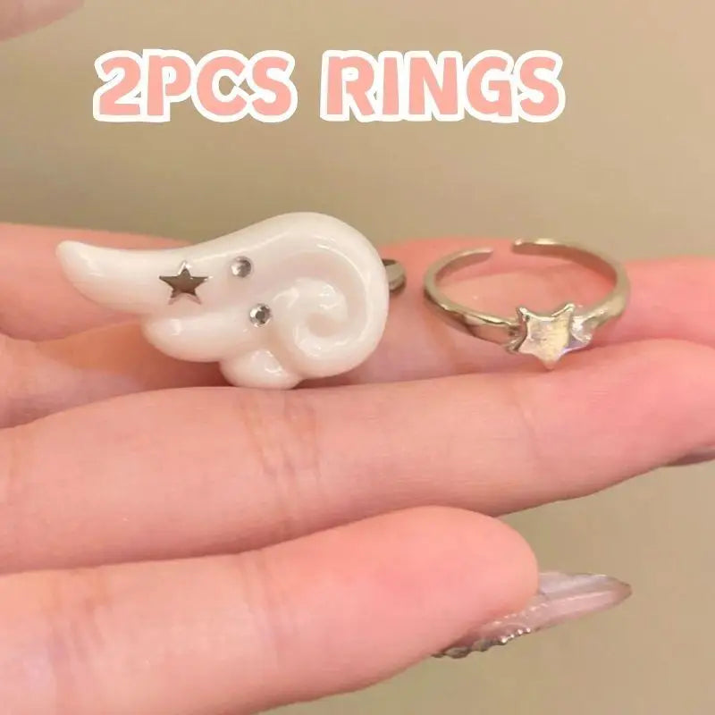 Punk Gothic Wings Ring Set Y2K Star Angel Wings Rings Couple Rings Adjustable Rings Five-Pointed Star Design Open Ring Women Men