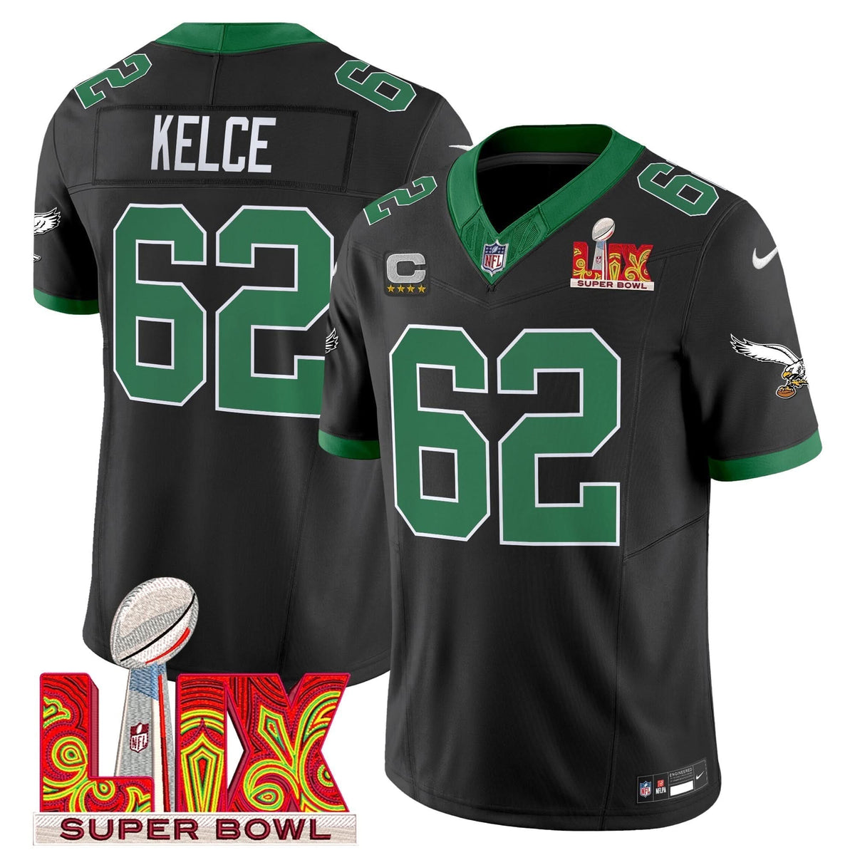 Philadelphia Eagles Kelly Green Super Bowl LIX Patch Vapor Limited Jersey - All Stitched